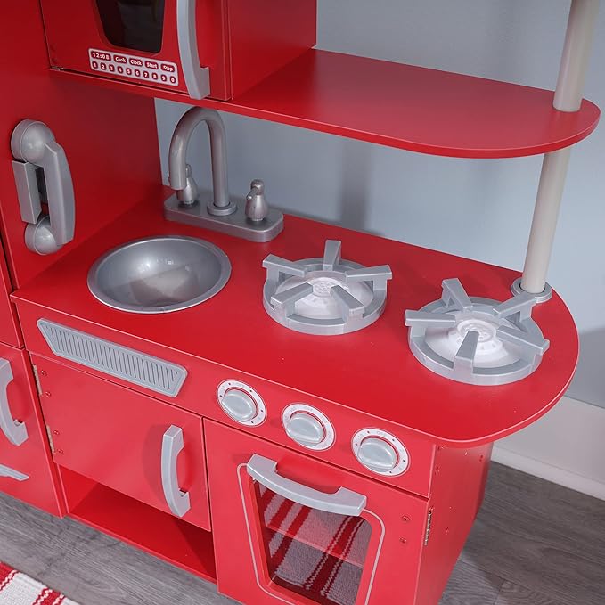 KidKraft Red Vintage Wooden Play Kitchen with Stainless Steel-Look Trim, Play Phone