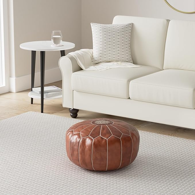 Genuine Leather Round Pouf Cover - Handmade Moroccan Ottoman Footstool, Unstuffed Footrest Under Desk - Boho Decor - Bohemian Living Room, Bedroom, Kids Room - Housewarming Gift & Wedding