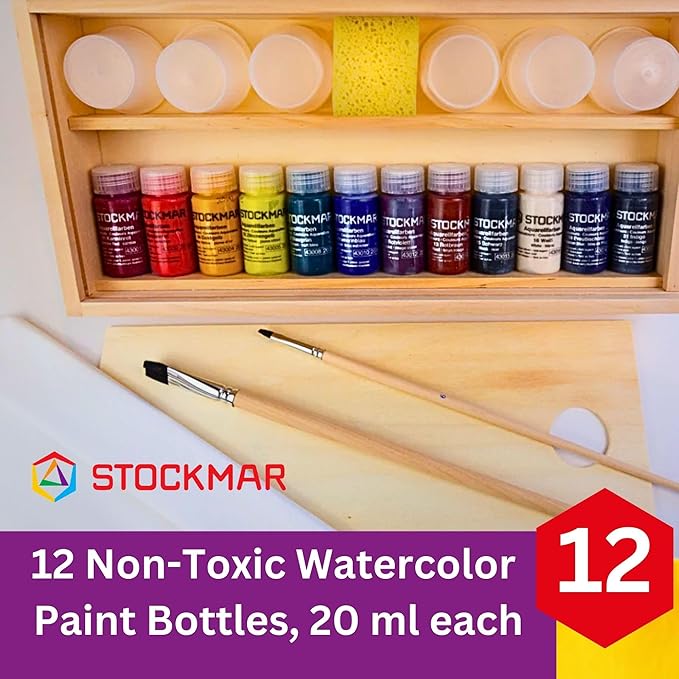 Stockmar Complete Watercolor Paint Set - 12 Colors, in Wooden Storage Box, Includes 2 Natural Brushes, 6 Containers, Cloth, Palette, Sponge, Waldorf Art Supplies
