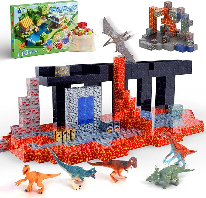 Magnetic Blocks 110PCS with 6 Animal Toys, Volcano Building Blocks Set, Toys for Boys & Girls Age 6-8, Stacking Building Toys for Toddlers Sensory Toy for Kids 6+