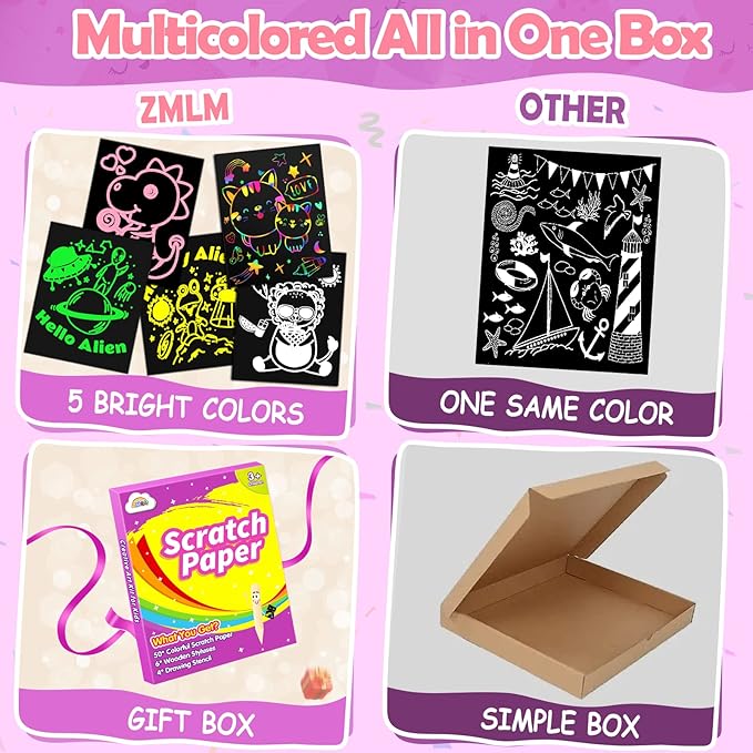 ZMLM Scratch Art Paper Kit: 50pcs Magic Scratch Papers Craft Set 5 Bright Color Drawing Bulk Supplies for Age 3 4 5 6 7 8 Year Old Boy Girl Kid Toy Gift for Birthday Christmas Halloween