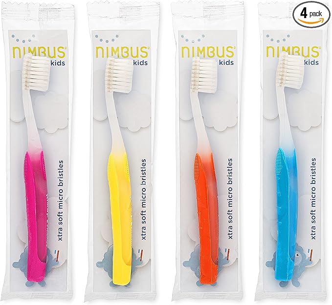 NIMBUS NIMBY Kid's Extra Soft Toothbrushes for Sensitive Teeth and Receding Gums, Periodontist Design Plaque Remover Travel Toothbrush, Individually Wrapped (4 Pack, Colors May Vary)