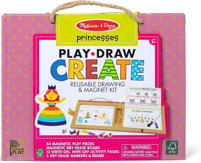 Melissa & Doug Natural Play: Play, Draw, Create Reusable Drawing & Magnet Kit – Princesses (54 Magnets, 5 Dry-Erase Markers) - FSC Certified