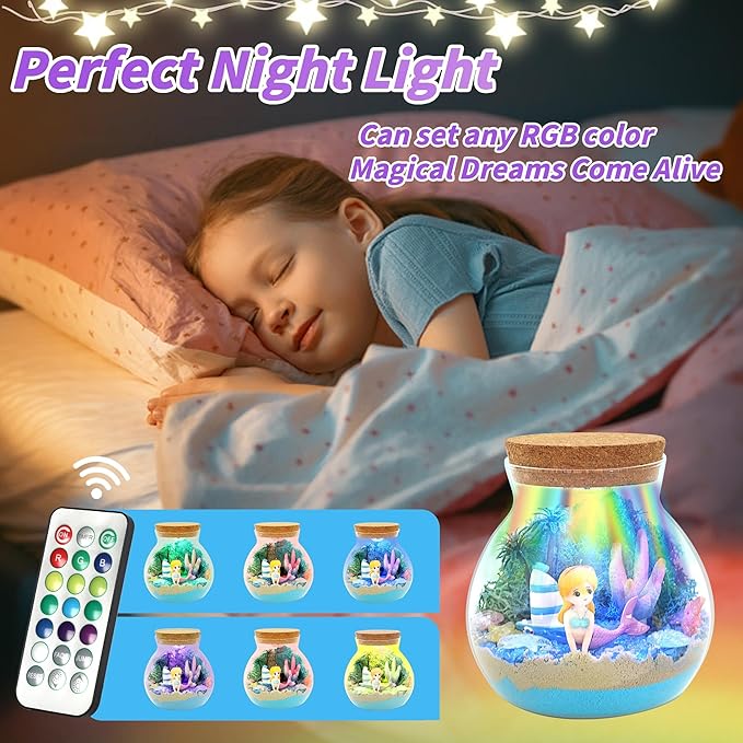 Mermaid Terrarium Crafts Kit for Girls - Make Your OWN Unicorn Night Light with 16 Modes LED Remote - Unicorn Birthday Gifts Toys for Girls Ages 5 6 7 8 9 10 Year Old - Best Christmas Gifts for Girls