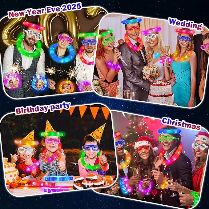 Glow in the Dark Party Favors Supplies for Kids 24 PCS, Valentines Glow Sticks & Neon Glasses for Toddlers, LED Light Up Bracelets Necklace Glasses Accessories Decorations for Birthday Wedding Dance