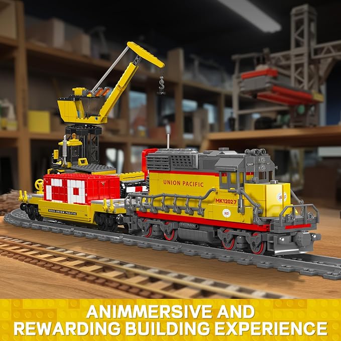 Mould King 12027 Diesel Locomotive Train Building Sets with a Semi-Trailers, Cranes, Remote/App Control Engineering Toy Kit, SD40-2 Scale Model with Tracks for Adults Kids (1170 Pieces)