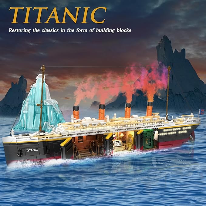 Titanic Building Set, 2288 Pcs Titanic Big Ship Model Block Set with Glacier and Glowing Light Strip, Giant Ship Building Model Set for Adults and Kids