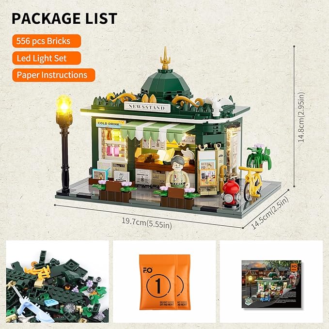FUNWHOLE Newsstand Lighting Building Bricks Set - City Town Life Newsstand LED Light Construction Building Model Set 556 Pcs for Adults and Teen
