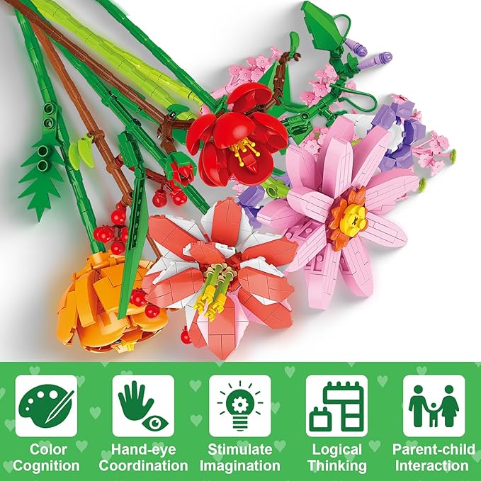 Valentines Day Gifts for Kids Teens, 24 Pack Flower Bouquet Building Blocks with Gift Cards for School Classroom, Bulk Boy Girl Class Valentine Party Favors Exchange Gifts Goodie Bags Stuffers