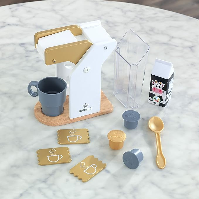 KidKraft Metallic Toy Coffee Maker with Capsules, Accessory for Kids' Kitchen, Wooden Toy Kitchen Appliance Set for Kids, Play Kitchen Accessories, Kids' Toys, 53538