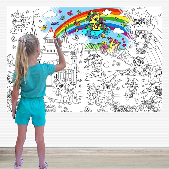 Unicorn Coloring Poster with Markers - Giant Coloring Posters for Kids Birthday Party - Large Coloring Sheets Jumbo Size - Arts and Crafts for Girls Activity - Huge Big Pages to Color on Floor Table