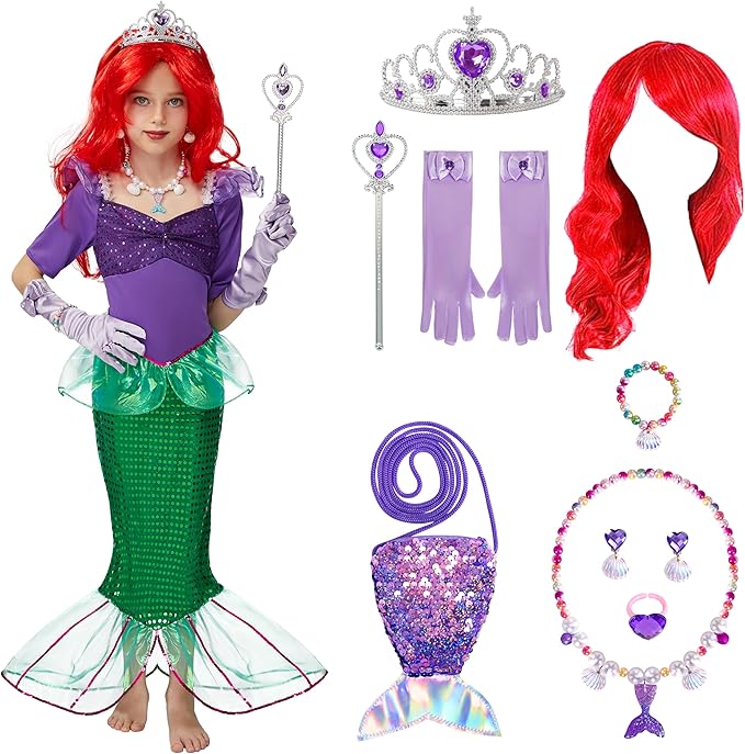 Spooktacular Creations Halloween Little Mermaid Costume for Girls, Sequin Mermaid Dress Set, Dark Purple Princess Dress for Toddler Dress-Up, Cosplay Party (Medium, 8-10 yrs)