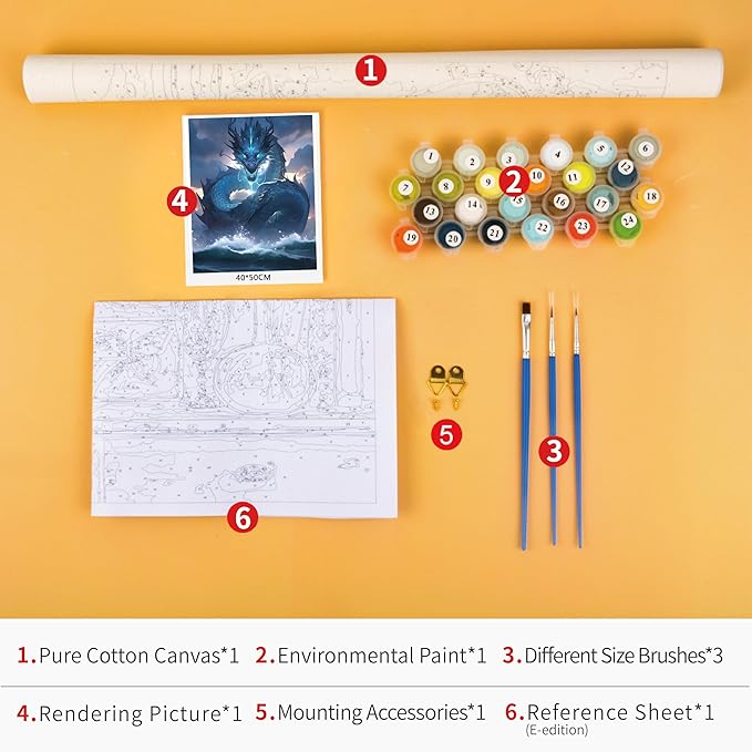 Rebotipy Water Dragon Paint by Numbers Kit for Adults, Fantasy Dragon with Glowing Eyes DIY Adult Paint by Numbers, Blue Fantasy Dragon Paint by Numbers Kit for Adults Beginner 16x20 Inch Frameless