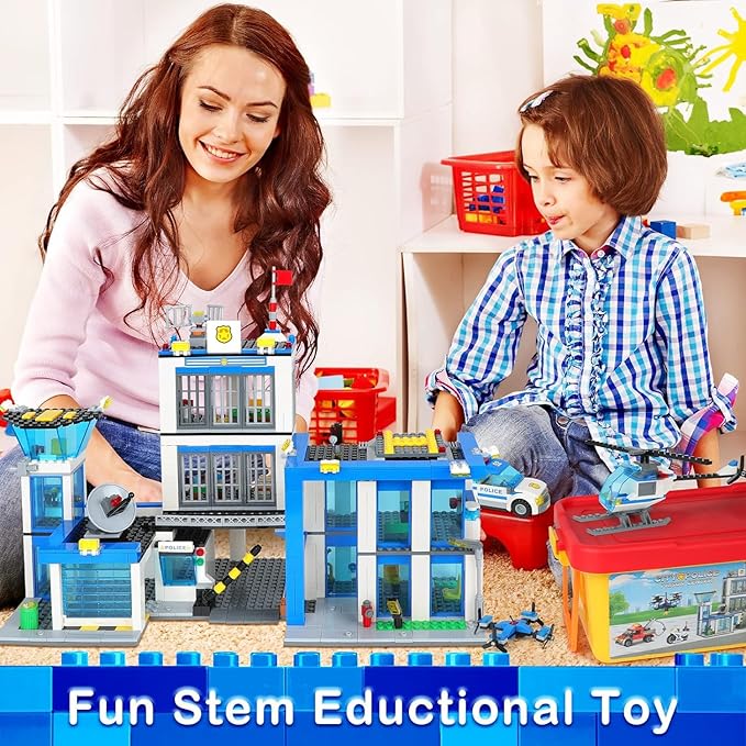 City Police Station Building Blocks Sets, City Police Prison Kits with Police Car, Helicopter Motorcycle, Trailer and Drone, Toy Building Kit Gift for Kids Boys Ages 6-12 (1001 Pieces)