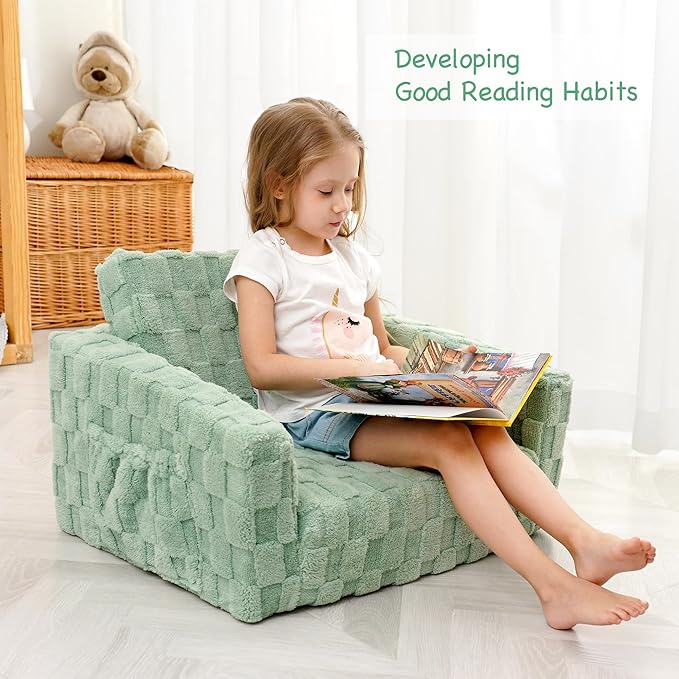 Kids Sofa, Toddler Chair, 2-in-1 Flannel Kids Fold Out Couch, Toddler Convertible Sofa to Lounger, Flip Open Toddler Couch for Kids (Green)