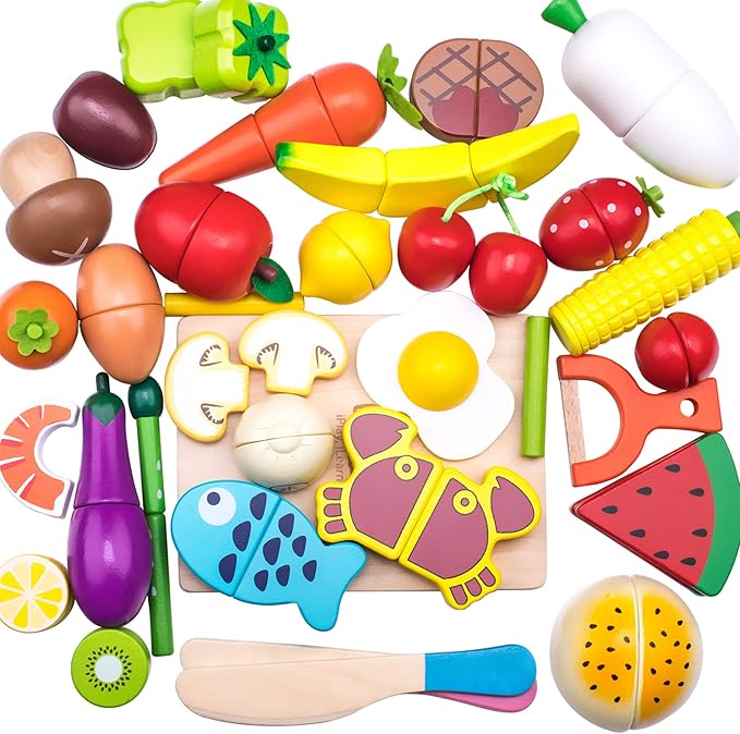 iPlay, iLearn Wooden Pretend Play Food, Cutting Cooking Set W/Chopping Board, Kitchen Vegetables Fruit Magnetic Toy, Early Learning Educational Gifts for 3, 4, 5, 6 Year Old Kids, Toddler, Boy, Girl