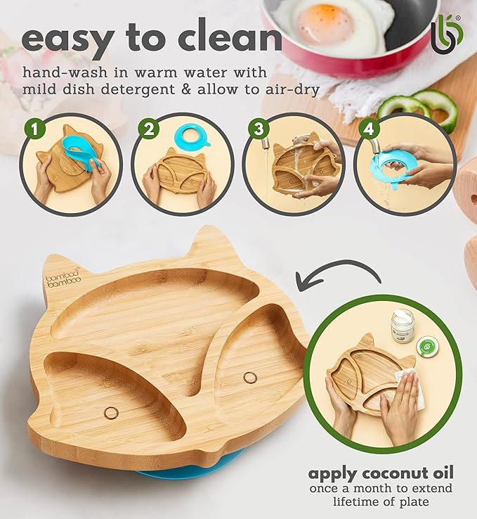 Bamboo Baby Plate with Suction - Kids and Toddler Suction Cup Plate for Babies, Non-Toxic All-Natural Bamboo Baby Food Plate Stays Cool to The Touch for Baby-Led Weaning (Fox-Pink)