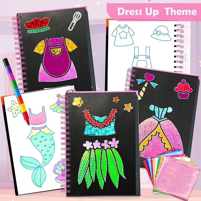 Foil Art Craft Activity for Kids: Fun DIY Toy Sticker Kit, No Mess Creative Travel Supply Set, Idea Birthday Easter Basket Stuffers Valentines Gift for Girl Boy Toddler 4 5 6 7 8 9 Year Old (Dress Up)