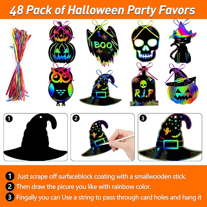 48PCS Halloween Craft Kit for Kids - Magic Scratch Off Cards Paper Hanging Halloween Ornaments Set with 24pcs Wooden Stylus 48pcs Cords for Halloween Party Favor, Art Craft Supplies