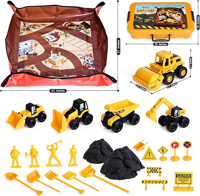 Sensory Play Construction Sand Kit, 2lbs Sensory Sand, Interactive Mat for Mess-Free Play, 22 Piece 5 Trucks 7 Signs 4 Work Figures 6 Tools, Sandbox Toys for Boy Girl Kid Toddlers Age 3+