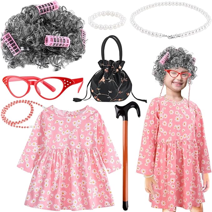 Old Lady Costume Kit Include Wig Floral Skirt Bucket Bag Glasses&Chain Cane for Halloween Granny Cosplay