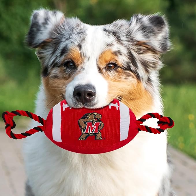 Pets First Maryland Football Dog Toy, Tough Quality Nylon Materials, Strong Pull Ropes, Inner Squeaker, Collegiate Team Color
