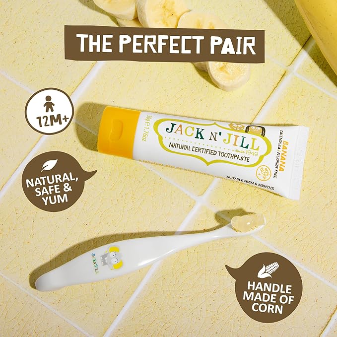 Jack N' Jill Tooth Buddy Combo Pack: Natural Certified Banana Toothpaste & Kids Toothbrush - Plastic Free Handle, Organic Fruit Flavor, Safe if Swallowed, Makes Tooth Brushing Fun for Kids
