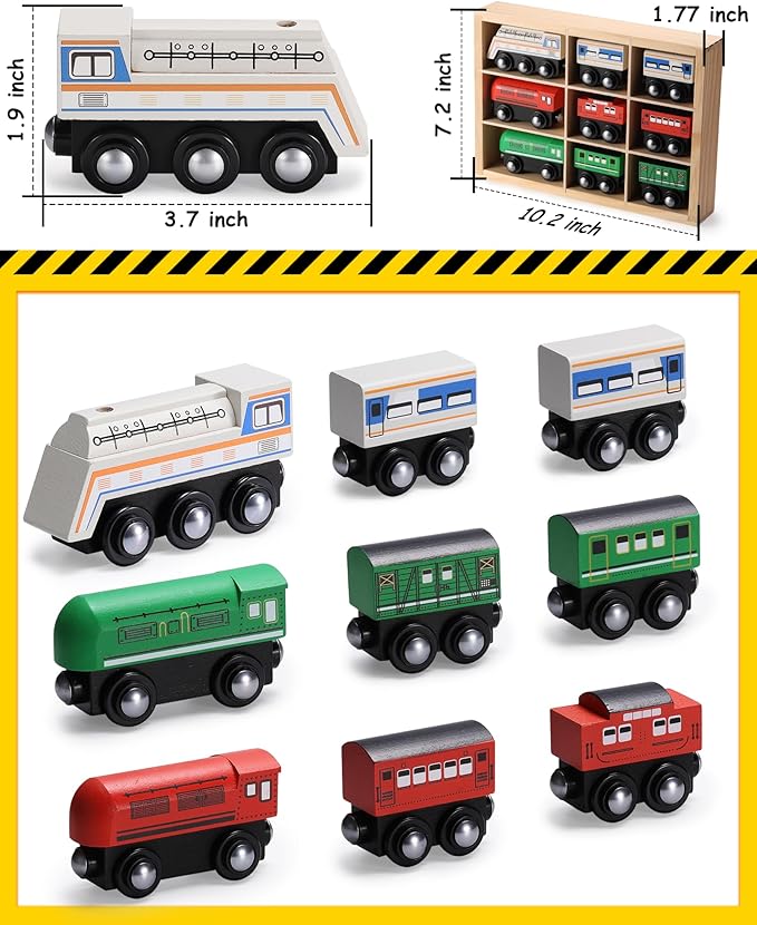 Wooden Train Set 9 PCS - Train Toys Magnetic Set Includes 3 Engines - Toy Train Sets for Kids Toddler Boys and Girls - Compatible with All Major Brands