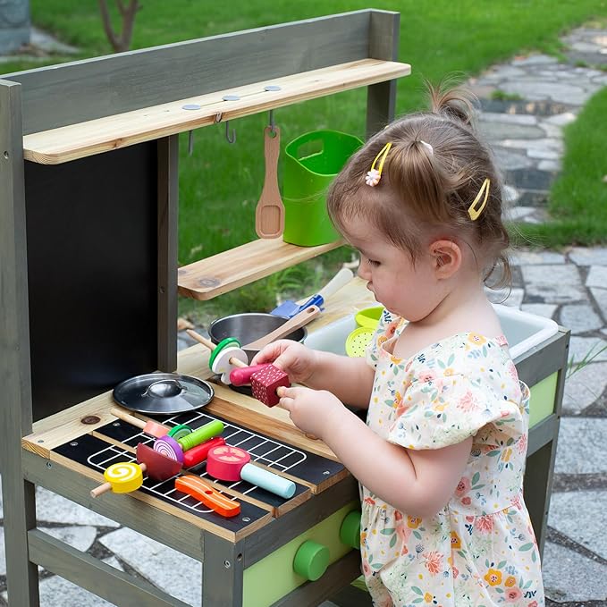 Giant bean Mud Kitchen Playset for Kids, Deluxe Wooden Toy Play Kitchen Set for Boys and Girls Ages 3-8 Indoor & Outdoor Activities, with Sand and Water Sink, Cookware Pots