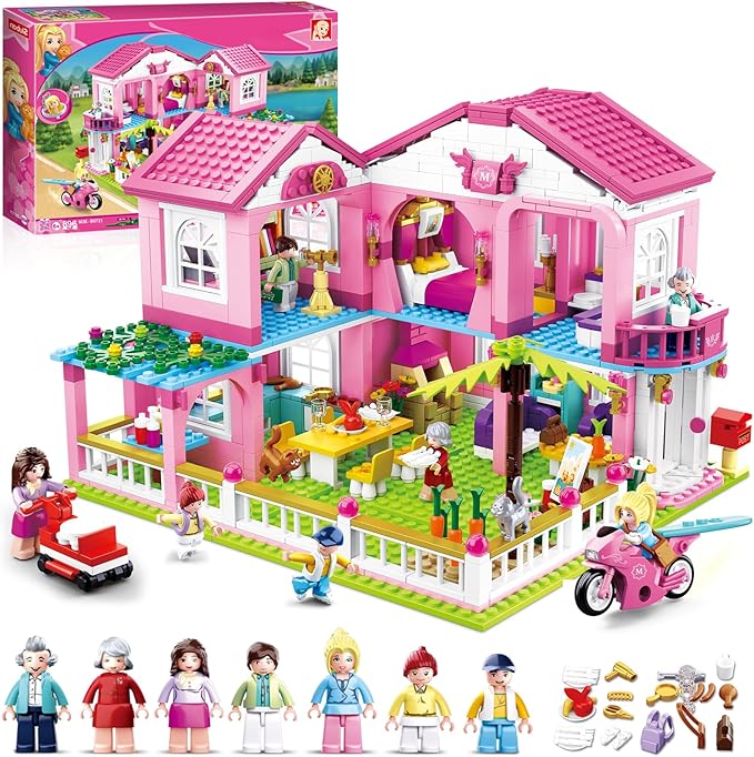 Sluban Friends Beach House Building Sets for Girls 6-12, Seaside Villa House Compatible with Lego Friends, Come with 7 Minifigures Dolls, Motorcycle and Kitchen Accessories, STEM Educational Toy