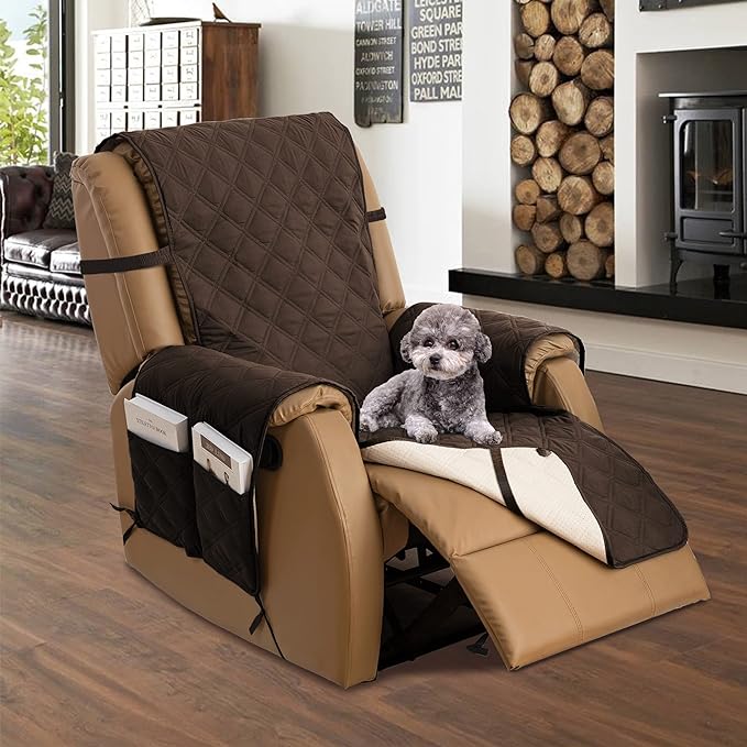 TOMORO Non-Slip Quilted Recliner Cover, 100% Waterproof Recliner Chair Slipcover Furniture Protector with Pockets, Washable Couch Cover with Elastic Straps for Kids and Pets，23 Inch