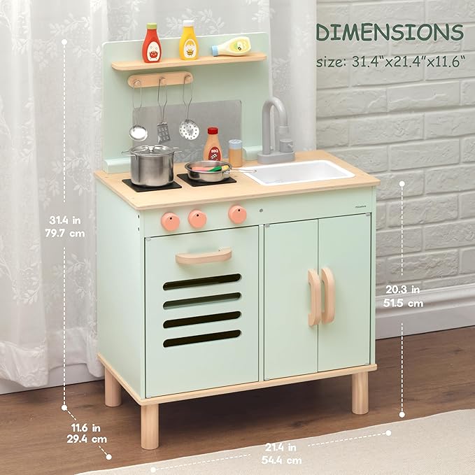 Play Kitchen for Kids, Wooden Toy Kitchen with Cookware Accessories, Chef Pretend Toddler Kitchen Playset, Best Gift for Girls & Boys Ages 3+