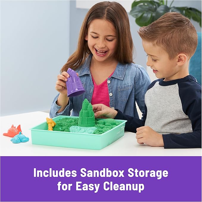 Kinetic Sand, Sandbox Set with 1lb Green Play Sand, 4 Tools & Molds, Storage, Sensory Toys for Kids Ages 3 and up