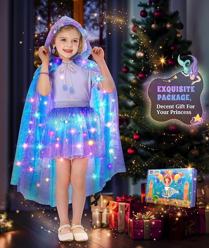 Princess Dress Up for Girls, Light up Princess Cape Princess Dress Costume Crown Wand Gifts for Toddler Girls 3 4 5 6