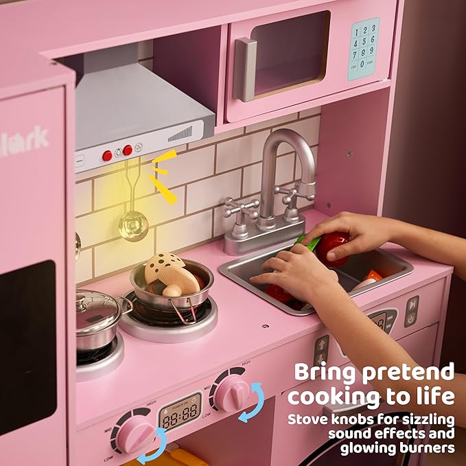Play Kitchen Set for Toddlers, Wooden Toy Playset with Real Lights & Sounds, Double-Door Fridge, Ice Maker & Cookware Accessories, Pretend Play Kitchen Set for Kids, Gift for Ages 3+