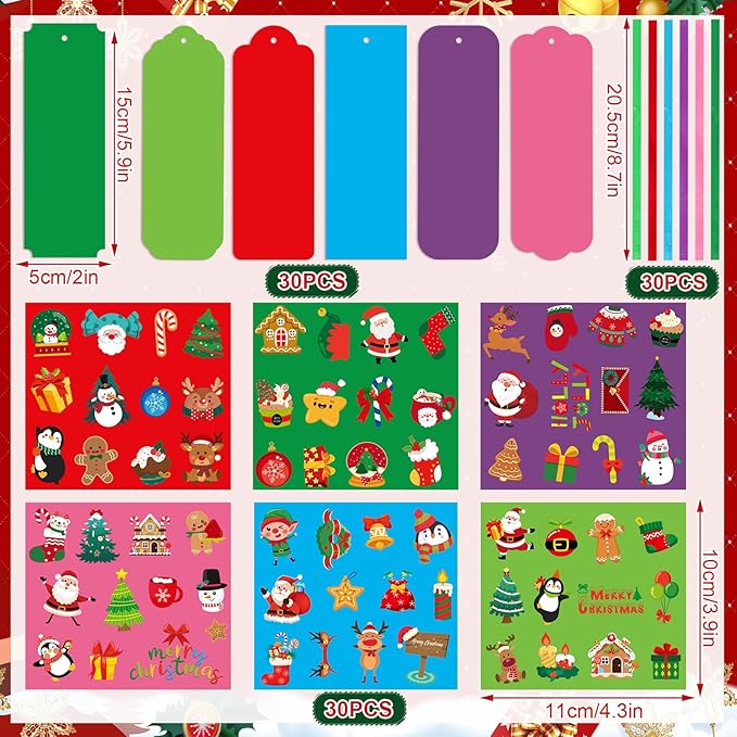 JUNEBRUSHS 30 Sets Christmas Craft Kits, DIY Christmas Bookmarks Craft with Assorted Snowman Santa Gingerbread Stickers Christmas Ornament Crafts Classroom Activities Party Favors