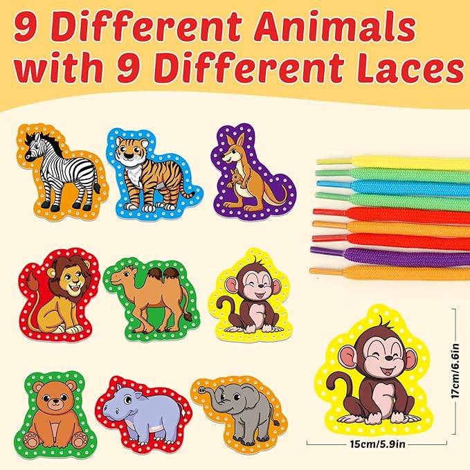 Aizweb Animal Lacing Cards,Sewing Kit for Toddlers, Fine Motor Skill Toys,Threading Toys for Preschoolers,Shoe Tying Practice Art and Craft for Kids Educational Kindergarten Learning Activities