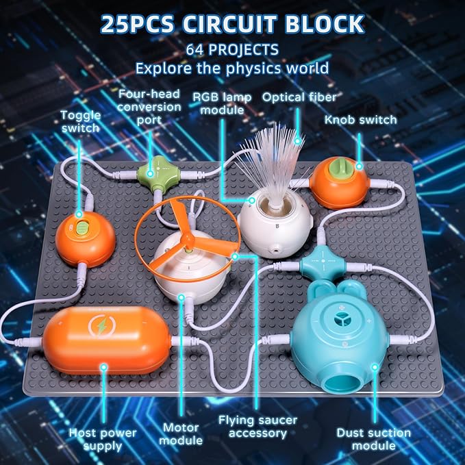 Circuit Kits for Kids Age 3-12，25PCS Circuit Blocks Board，DIY Electronics Exploration Kit with 64 Projects,Science Kits for Boys Girls, Full Color Project Manual，STEM Educational Toys