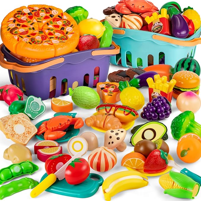 Cutting Play Food Toy For Multiple Kids with 2 Colors Storage Baskets(Purple&blue), 115 pcs Fake Food/Fruit/Vegetable for Toddler Pretend Kitchen Accessories, Boy Girl Classroom Learning/Birthday Gift