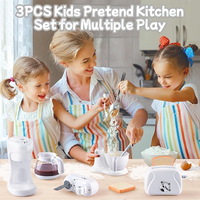 Kitchen Appliances Toys, Kids Play Kitchen Accessories Set, Pretend Kitchen Toys for Kids Ages 4-8, Coffee Maker, Mixer, Toaster with Realistic Lights & Sounds, Gift for Girls Ages 3+
