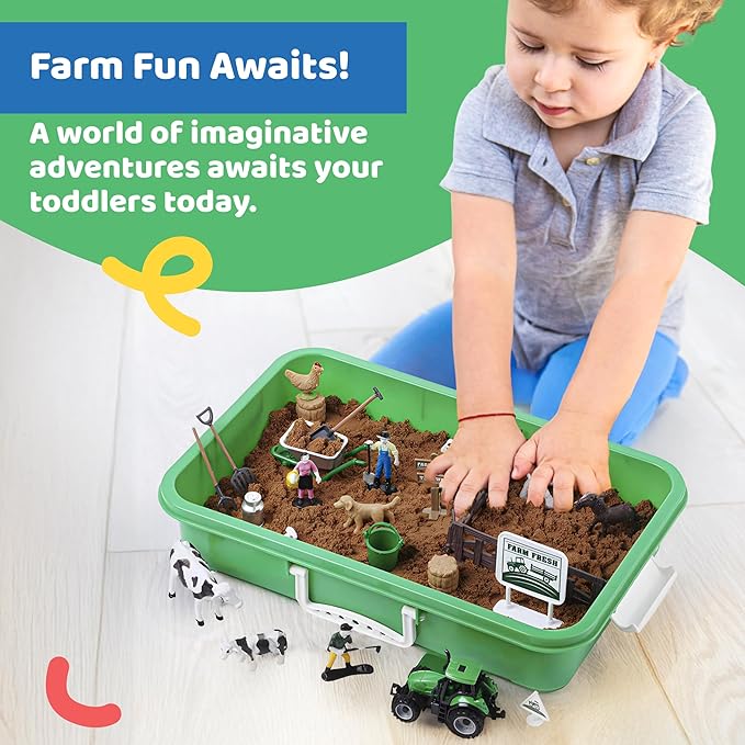 Dazmers Farm Animal Toys Sand Play Set - 28 Piece Farm Sand Playset for Kids - Includes Farm Animals, Tools, Play Sand - Fun Farm Activities for Kids - Ideal for Sensory and Creative Play