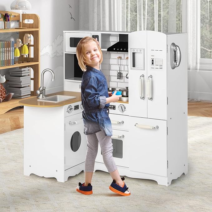 Kids Corner Play Kitchen, Wooden Toy Kitchen Set with Lights & Sounds, Pretend Play Kitchen for Kids with Kitchen Accessories,11-in-1 Toddler Kitchen Gifts for Ages 3+