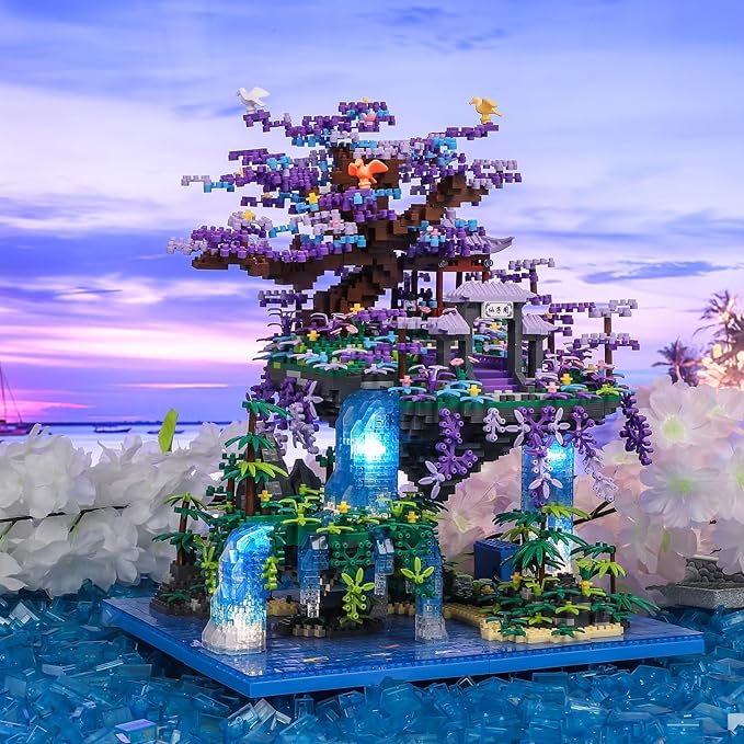 Chinese Moon Palace Pavilion Building Blocks Set - Micro Miniature Bonsai Tree House with String Lights and Flowers for Adults and Kids (4574 Pieces)