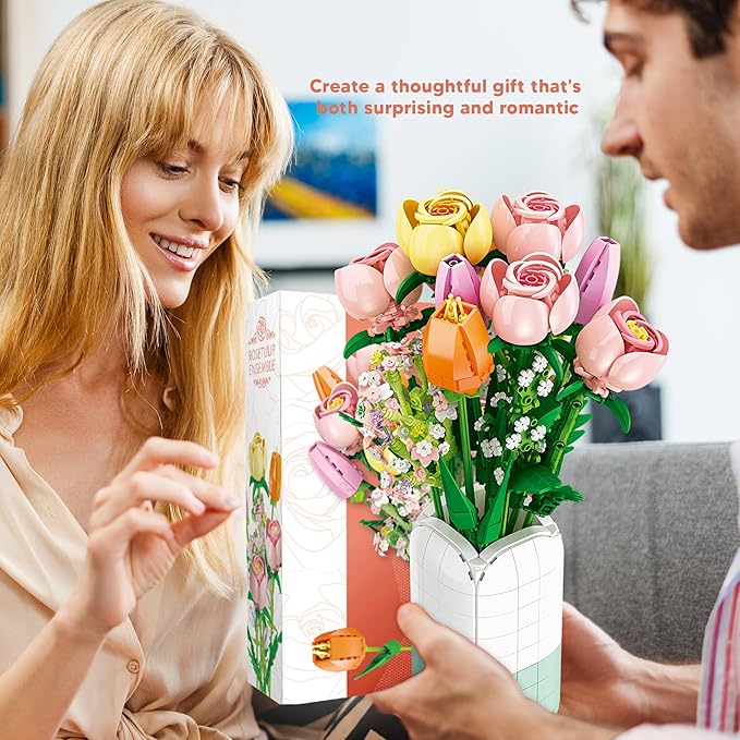 Flowers Bouquet Building Set Tulips Camellia with Vase for Adult -1011pcs Compatible with Lego