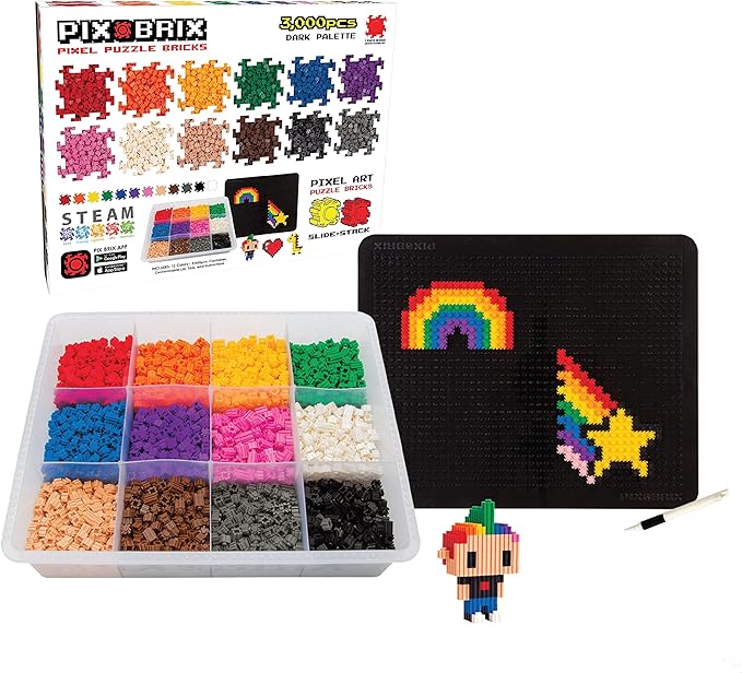 Pix Brix Pixel Art Puzzle Bricks – 3,000 Piece Pixel Art Container, 12 Color Dark Palette – Interlocking Building Bricks, Create 2D and 3D Builds Without Water or Glue – Stem Toys, Ages 6 Plus