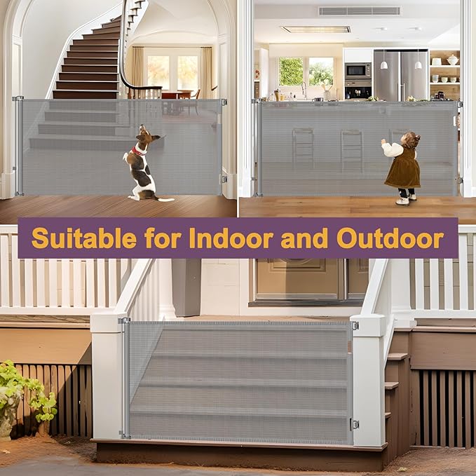 42" Tall X 80" Wide Retractable Dog Gates for Large Openings Extra Tall Retractable Baby Gates for Doorways Extra Tall Pet Gate Indoor Outdoor Long Baby Gate Large Mesh Dog Gate (Gray)