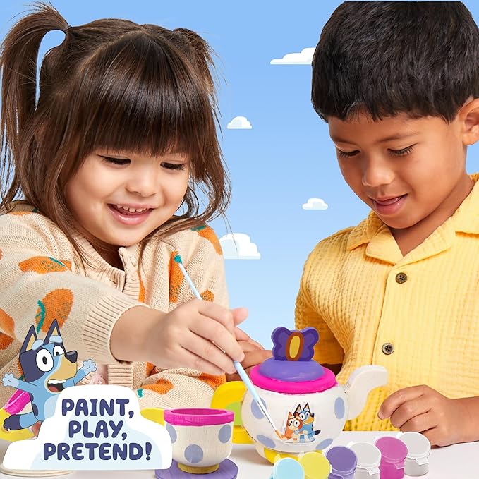 Bluey Paint & Play Tea Party, 6-Piece Wooden Tea Set, Customize with Paint & Bluey Stickers, 2 Wearable Crowns, Fun Toys for Kids, Cute Birthday Party Decorations, Pretend Play Tea Party, Bluey Toys