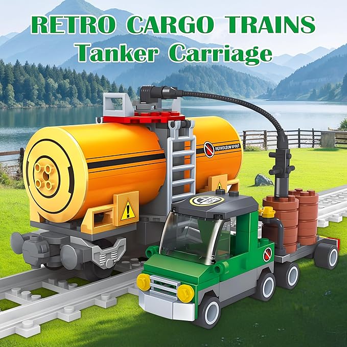 Finger Rock City Freight Train Car Building Toy Sets, Classic Tanker Car and Truck Cargo Train Model, 199 Pcs MOC Construction Toys for Train Lovers,STEM Gifts for Boys Girls 6 7 8+