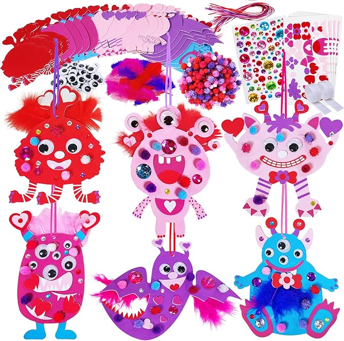 Winlyn 24 Sets Valentine Decorations DIY Valentine Monster Ornaments Craft Kits Hearts Monster Art Sets Foam Valentine Stickers for Kids Valentine's Day Party Classroom Activities Gift Exchange