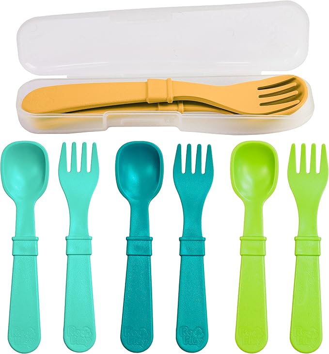 Re-Play Made in USA Toddler Forks and Spoons, Pack of 8 With Carrying Case - 4 Kids Forks with Rounded Tips and 4 Deep Scoop Toddler Spoons - 0.2" Thick Toddler Utensils with Case, Aqua Asst